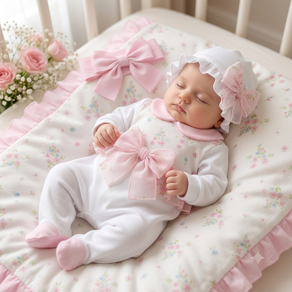 Pink Floral Baby Take-Home Set — Footed Romper, Hat, & Blanket Made In Italy