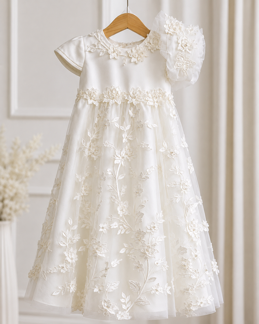 Ivory Floral Embroidered Christening Gown with Bonnet