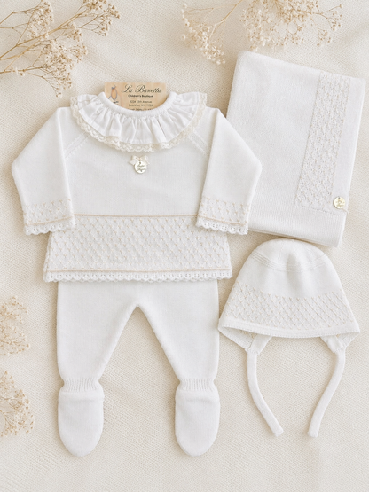White Knit Baby Layette 3-Piece Set
