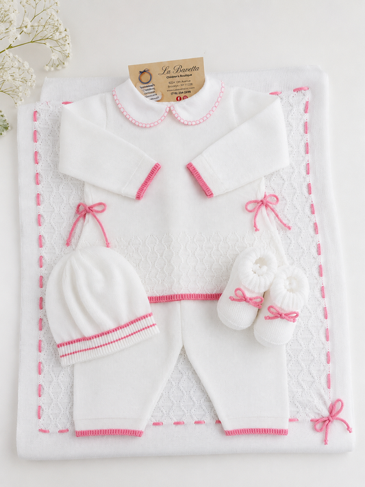 Bella Bambina Knit Layette Set — White & Pink