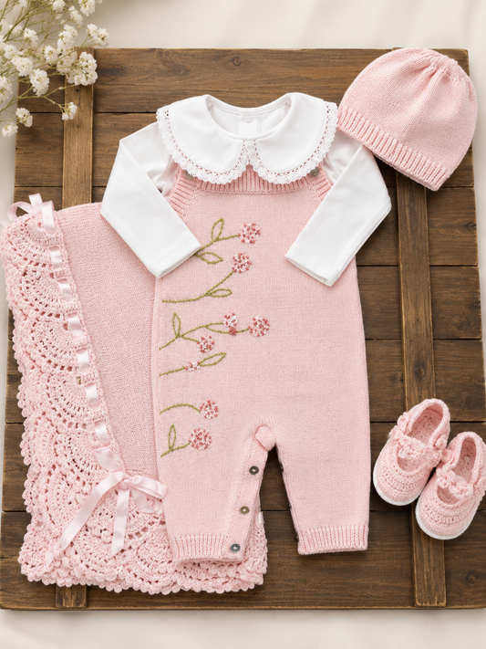 Pink Floral Knit Baby Girl Take me Home set Emily