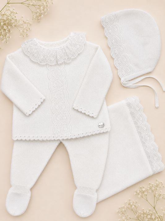 White Knit Baby 3-Piece Layette Set Take me Home