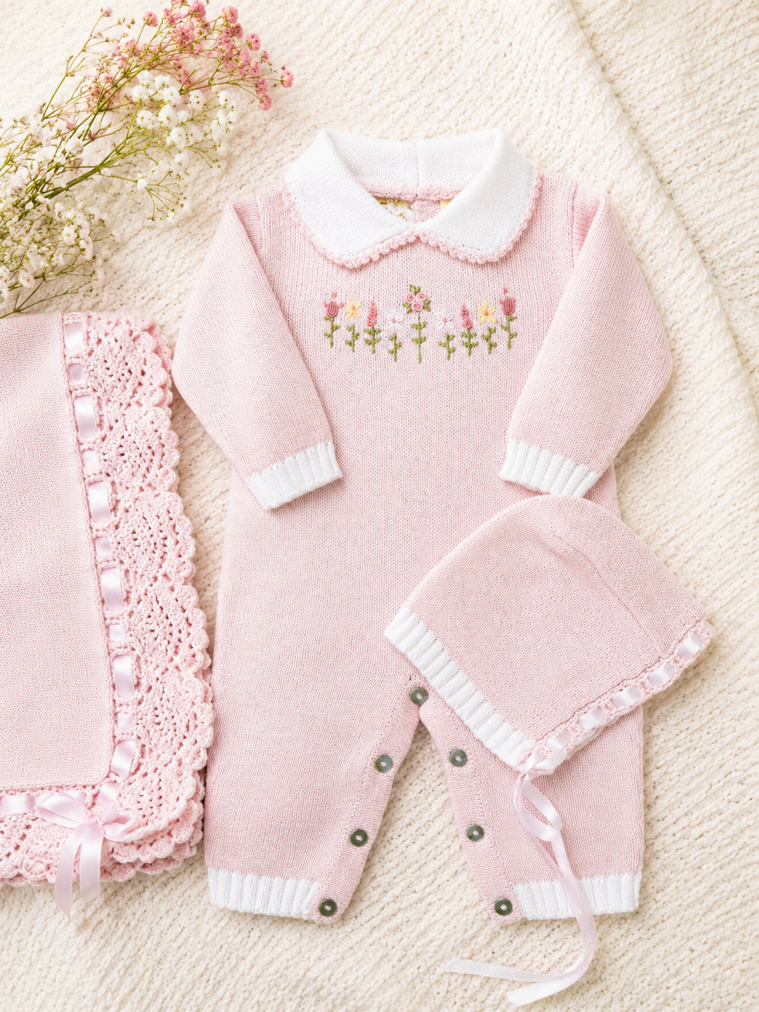 Pink Floral Knit Romper Set with Bonnet & Blanket