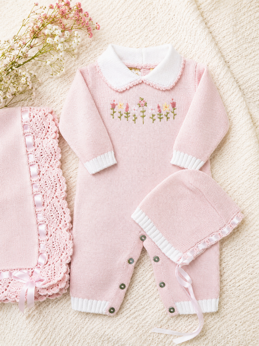 Pink Floral Knit Romper Set with Bonnet & Blanket