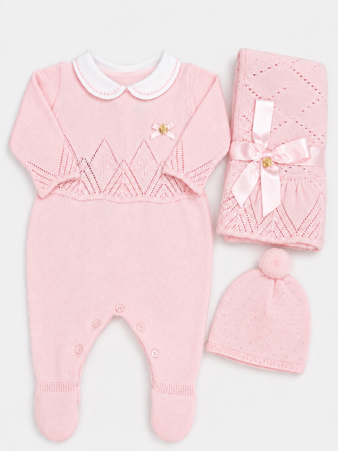 Pink Pointelle Knit Baby Blanket with Satin Bow