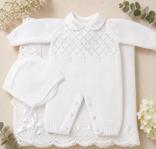 White Knit Baby Layette Set – Romper, Bonnet & Blanket