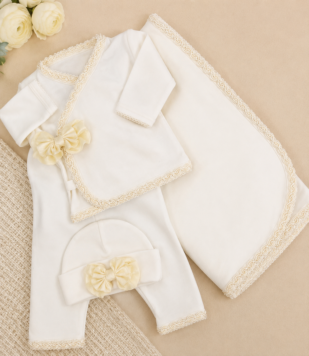 Baby Girl Take-Home Set with Gold Trim – 3 Piece
