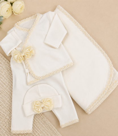 Baby Girl Take-Home Set with Gold Trim – 3 Piece