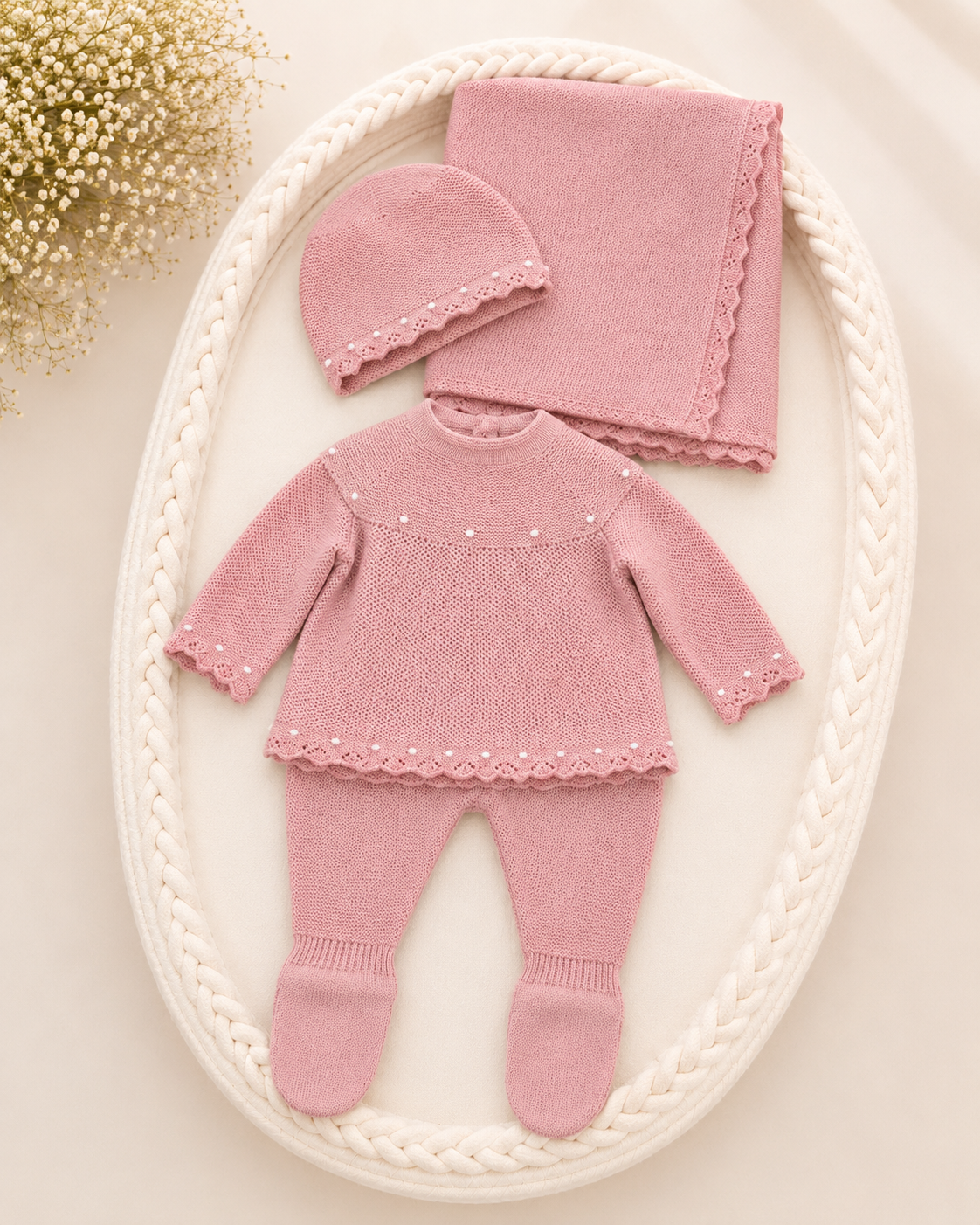 Pink Knit Baby 3-Piece Set – Top, Footed Pants & Hat with Blanket