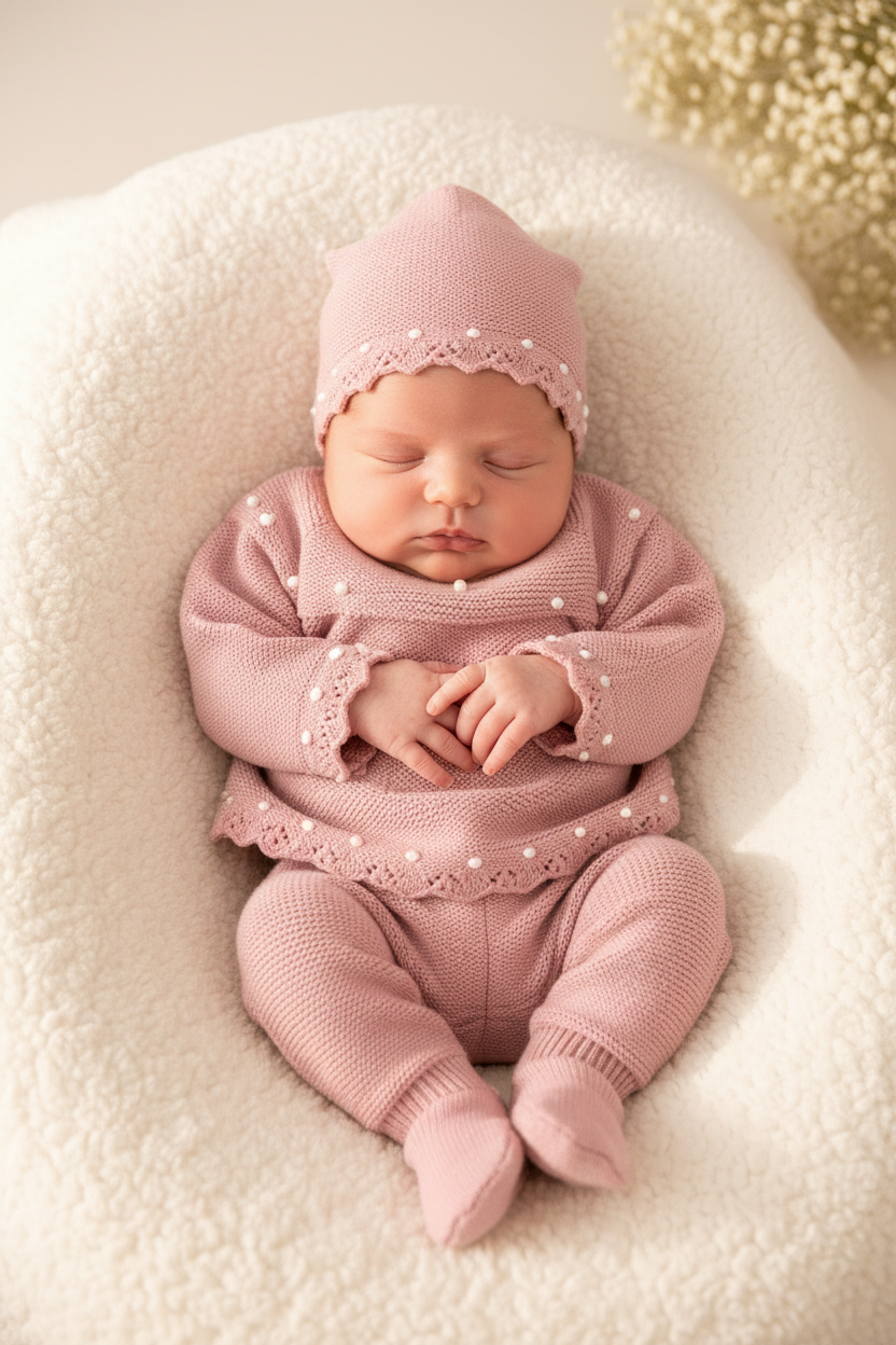 Pink Knit Baby 3-Piece Set – Top, Footed Pants & Hat with Blanket