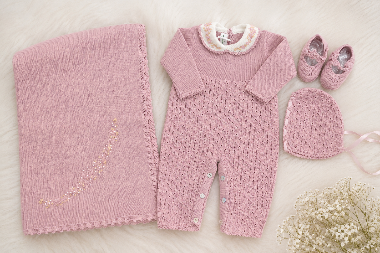 Pink Knit Baby 4-Piece Set – Romper, Hat, Booties & Blanket Jasmin
