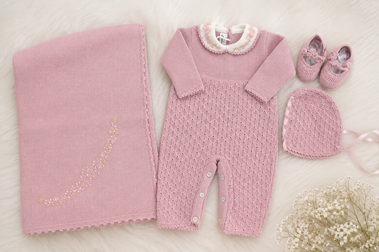 Pink Knit Baby 4-Piece Set – Romper, Hat, Booties & Blanket Jasmin
