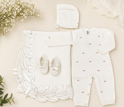 Baby Girl 4-Piece Knit Layette Gift Set – white with Pink Rosebuds