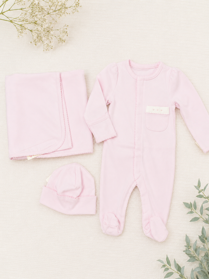 Baby Girl Pink cotton  3-Piece Take-Home Set with Bow Pocket