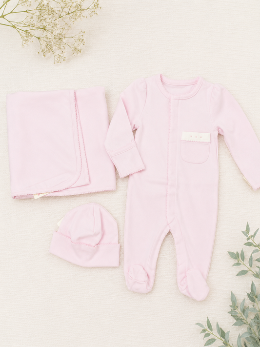 Baby Girl Pink cotton  3-Piece Take-Home Set with Bow Pocket