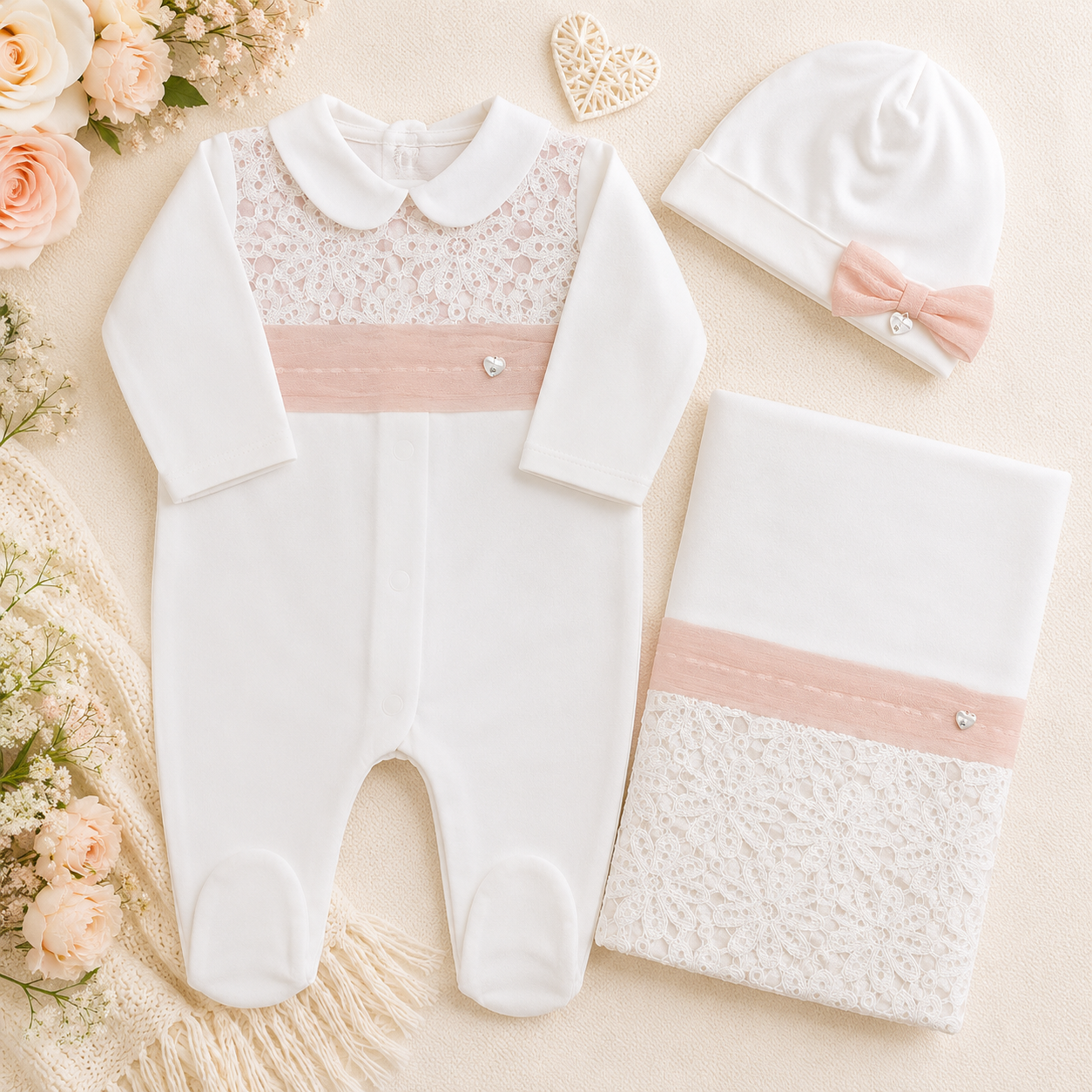 White & blush Pink Lace Layette Set with Blanket