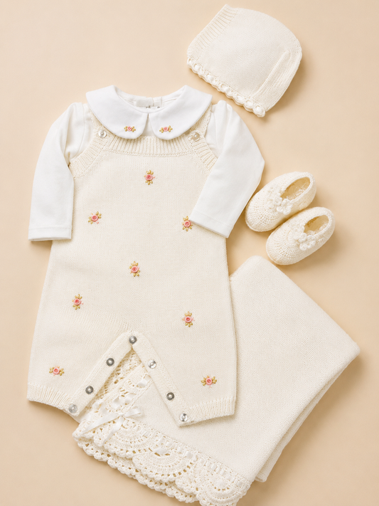 Ivory Rose Embroidered Knit Take-Home Set Rococo