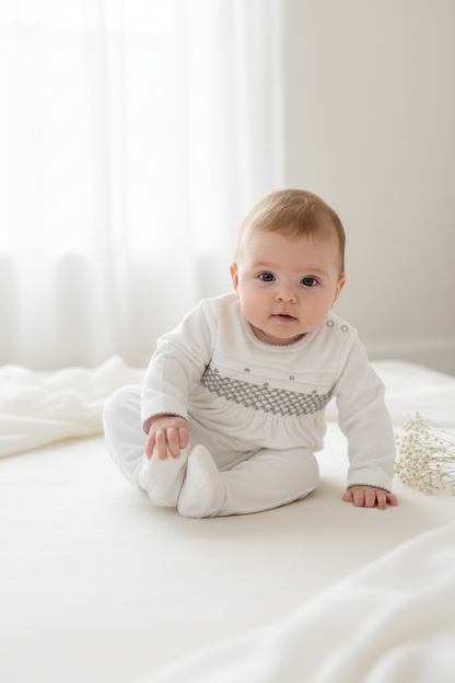 White with grey Smocked Baby Romper