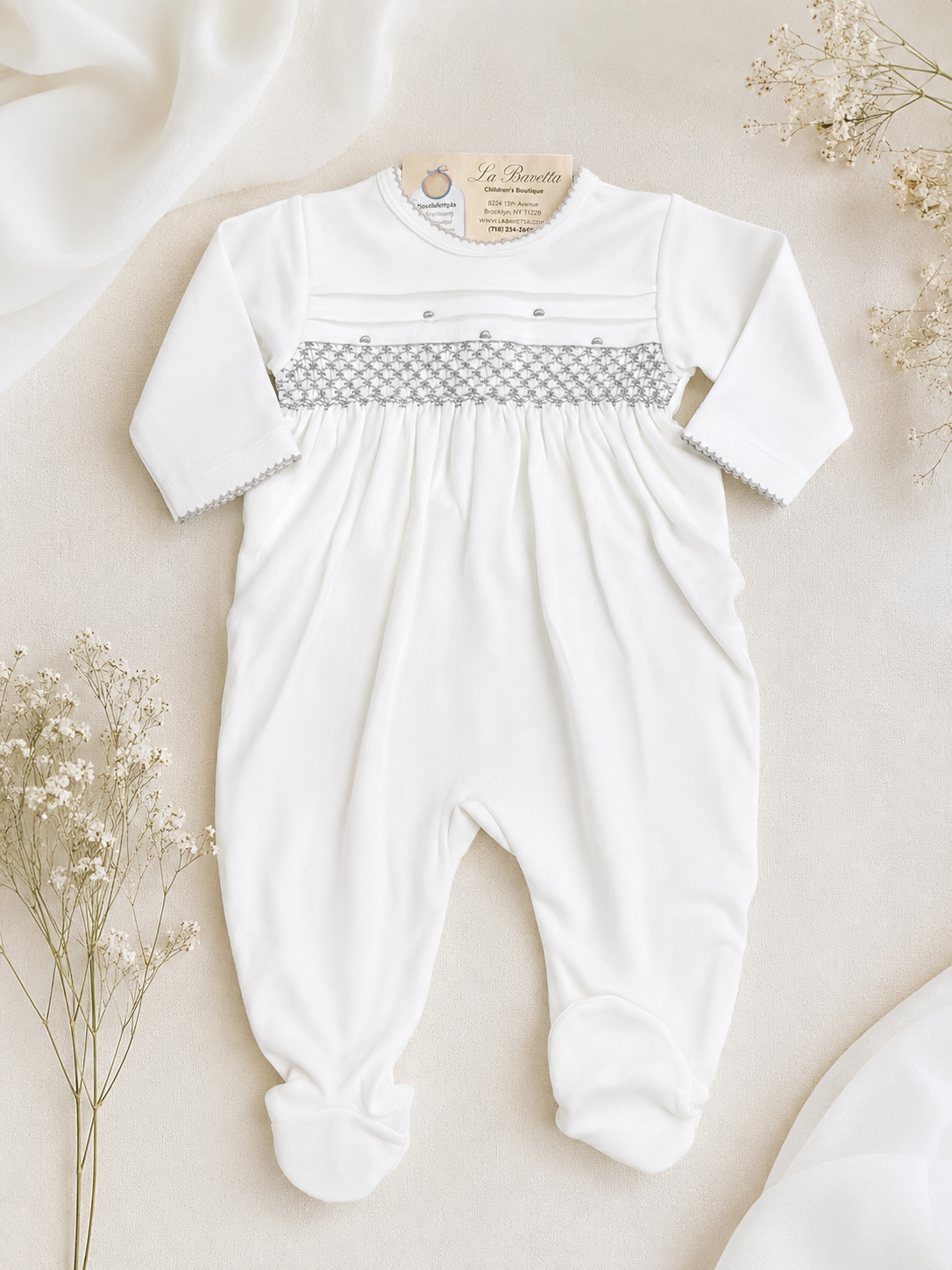 White with grey Smocked Baby Romper