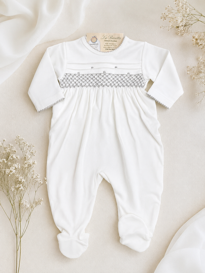 White with grey Smocked Baby Romper