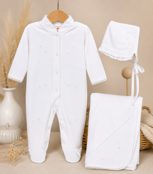 Newborn Pima Cotton Take-Me-Home Set – Footie, Bonnet & Blanket
