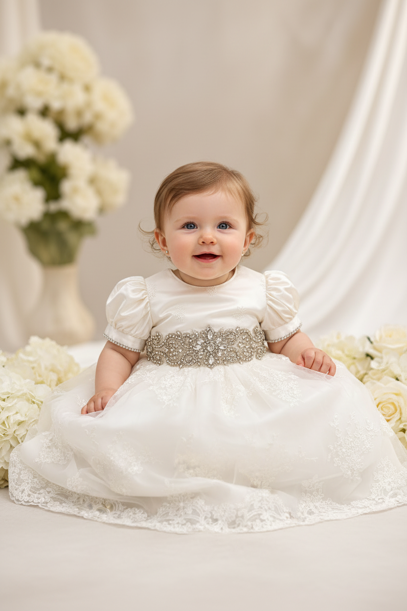Diamond white Silk Niki Christening Dress