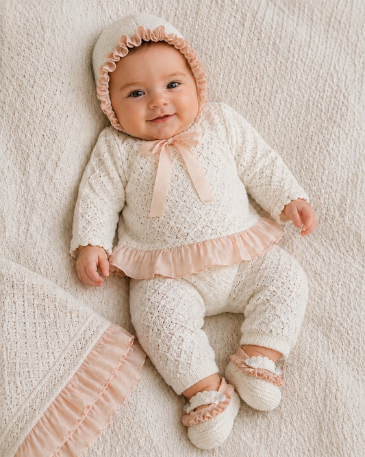 Ivory Knit & Blush Silk Ruffle Layette Take Me Home Set