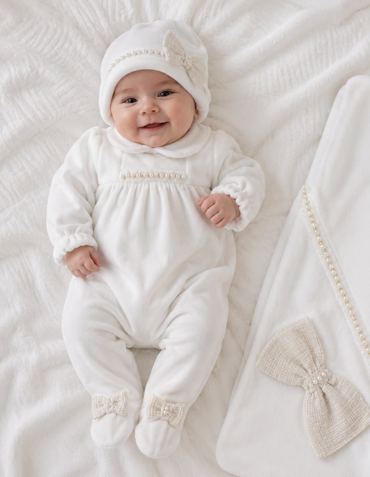 Pearl & Tweed Bow velour Baby Take-Home Set