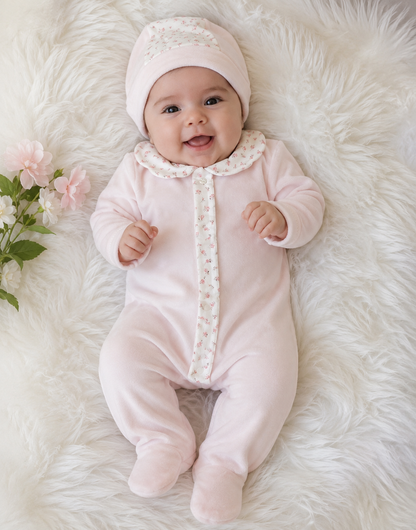 Pink Velour Footie Set with Hat & Receiving Blanket