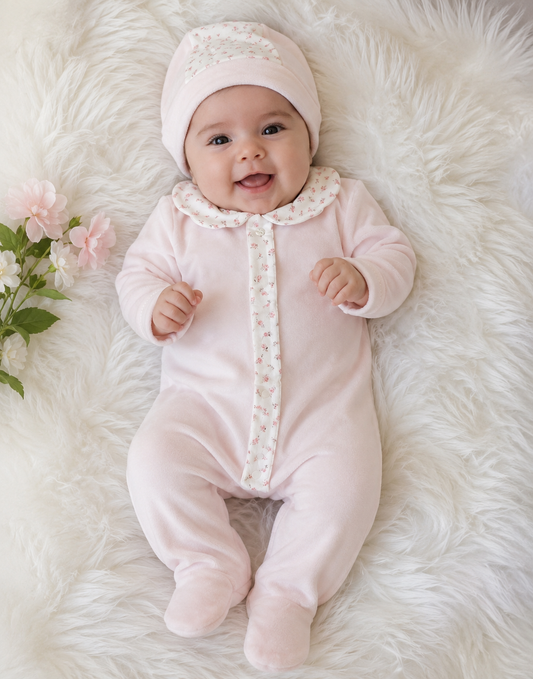 Pink Velour Footie Set with Hat & Receiving Blanket