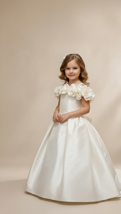 Ivory Rose Shoulder Ball Gown – First Communion & Flower Girl Dress / JILL