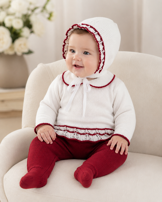 Baby Knit 3-Piece Set – White & Burgundy