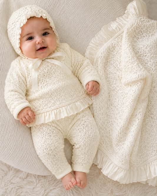 Ivory Knit Baby Take-Home Set with Ruffled Silk Trim