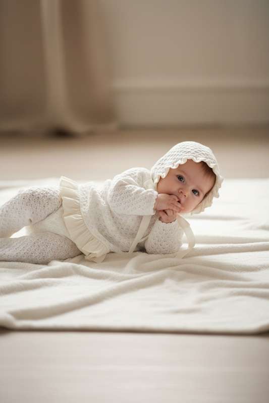 Ivory or White  Knit Baby Girl 3-Piece pants set with Silk Ruffle