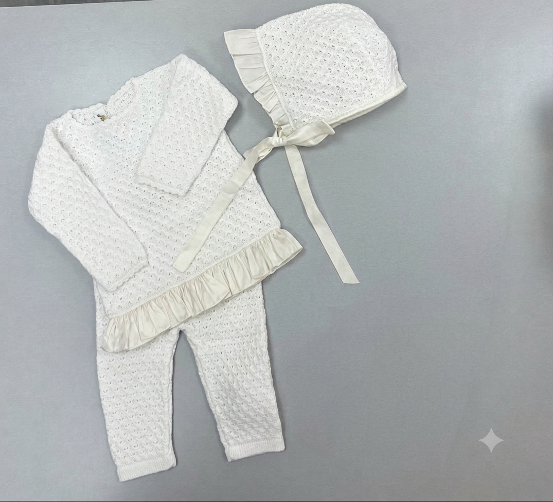 Ivory Knit Baby Girl 3-Piece pants set with Silk Ruffle