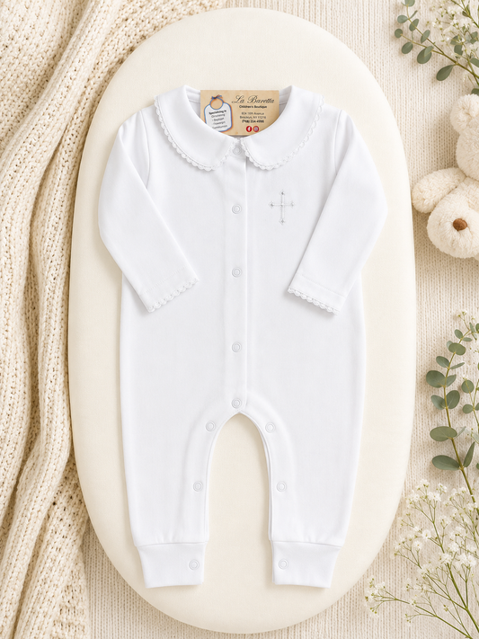 White Christening Romper with Scalloped Collar