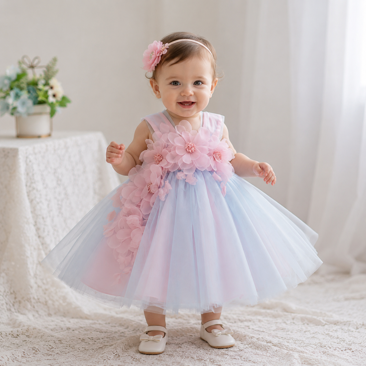 Pink and Blue Floral Tulle Flower Dress