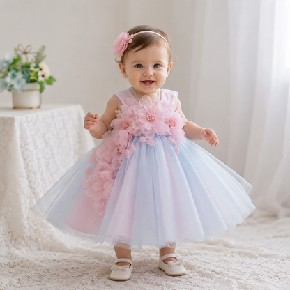 Pink and Blue Floral Tulle Flower Dress