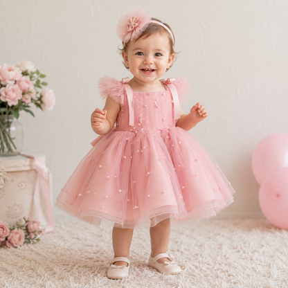 Pink pearl tulle baby dress with large satin bow at back - back view