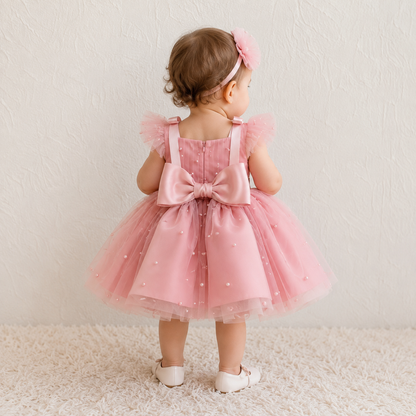 Baby girl in pink pearl tulle dress with flutter sleeves and floral headband - lifestyle front view