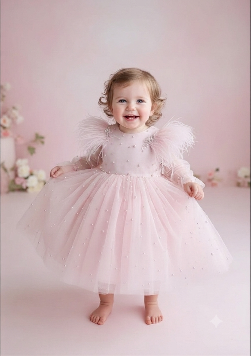 Pink Pearl & Feather Tulle Dress