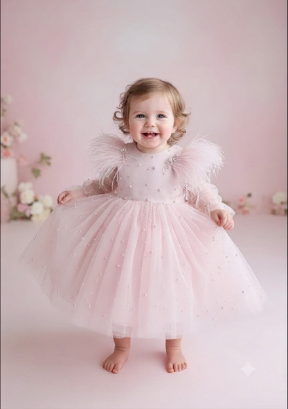 Pink Pearl & Feather Tulle Dress