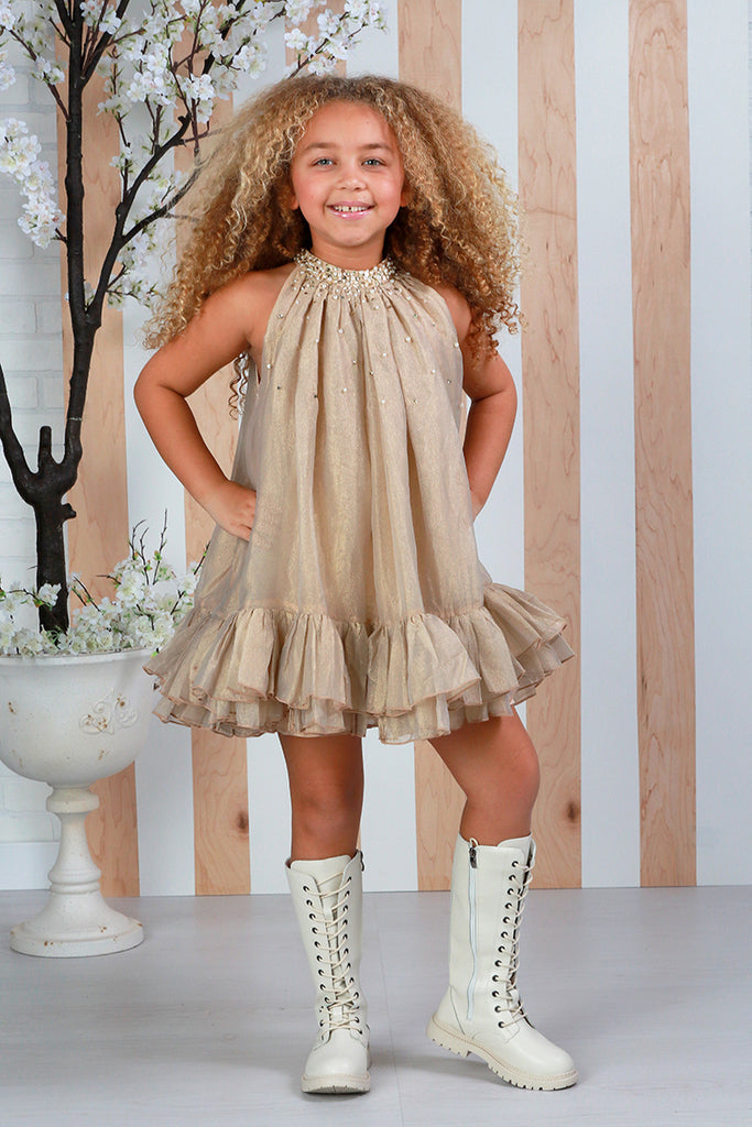 Solene Gold  Halter Dress with Pearl Neckline