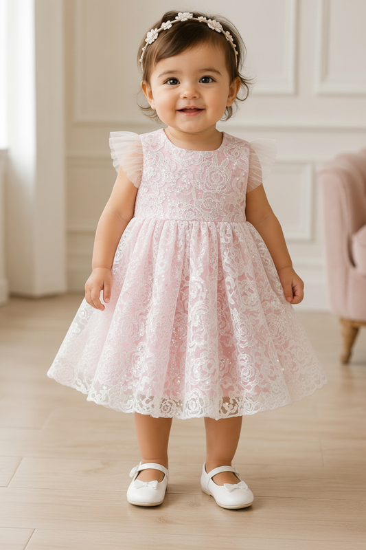 Girls Pink Rose Lace Dress with Tulle Flutter Sleeves