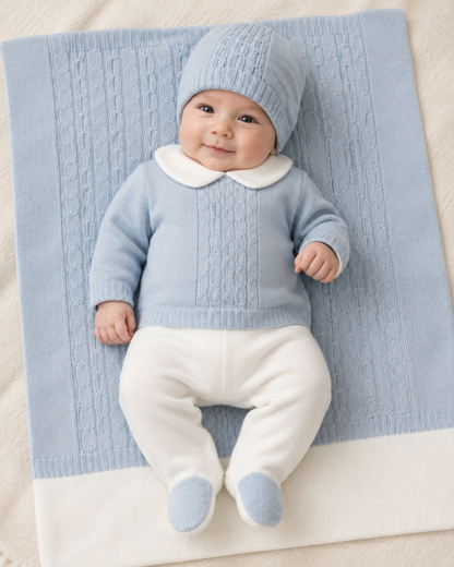 Baby Boy Cable Knit Layette Set with Blanket Made In Italy