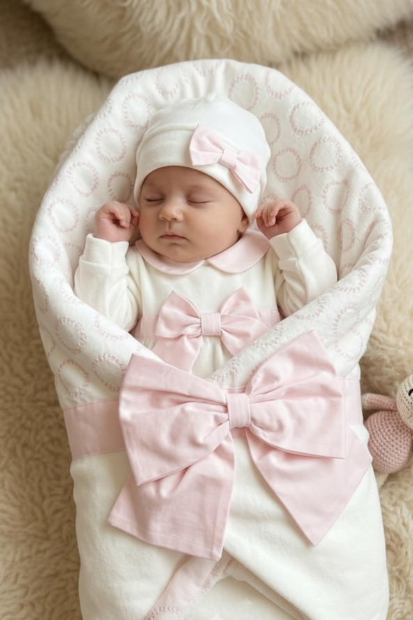 Baby Girl White & Pink Velour Take-Home Set with Bow Made In Italy