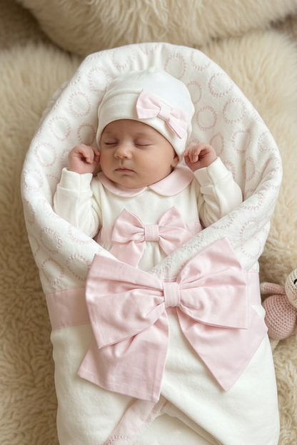Baby Girl White & Pink Velour Take-Home Set with Bow Made In Italy