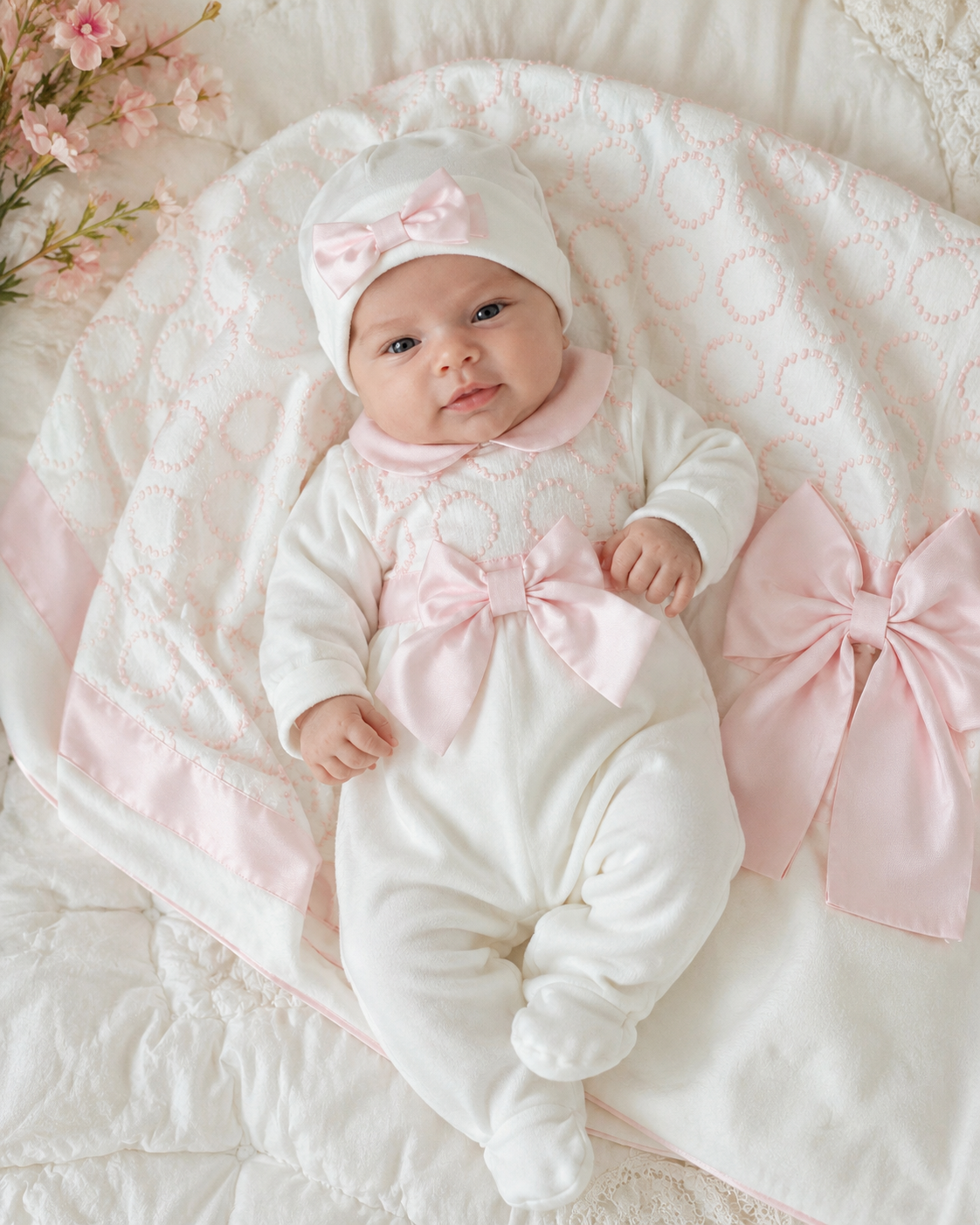 Pink Bow/ Panna  Baby Girl velour 3-Piece Take-Home Set Made In Italy