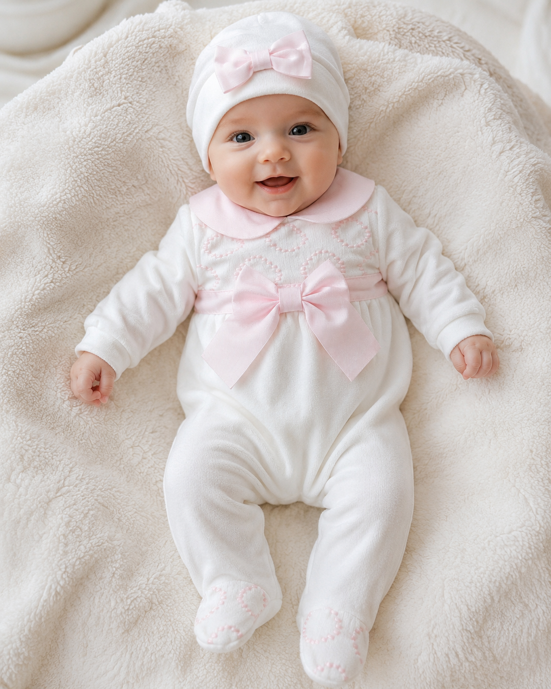 Baby Girl Smocked Bow Velour Footie Set with Hat Made In Italy