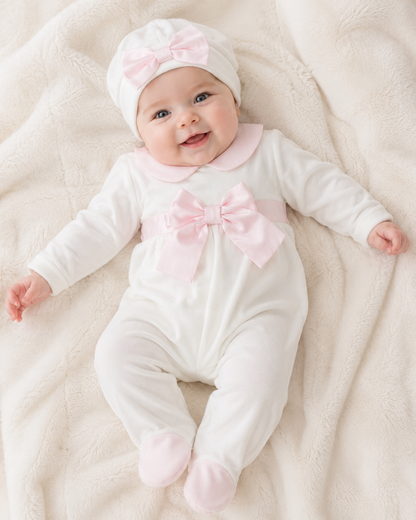 Baby Girl Bow Sash Velour Footie Set with Hat Made In Italy